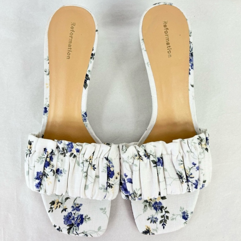 {Reformation} Shereen Ruched Floral Canvas Slide Sandals, Size 9, NWT